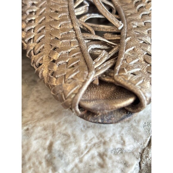 2 PREVATA Vintage 80s Pewter & Bronze Leather Woven Bottega Vibe Sandals 7 - Picture 3 of 7